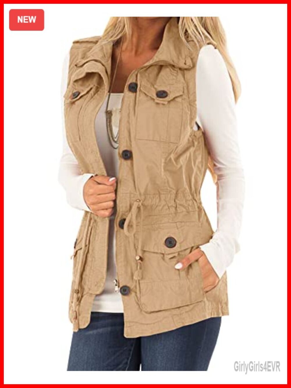 Sleeveless Military Utility Vest Lightweight Cotton Polyester Drawstring Casual